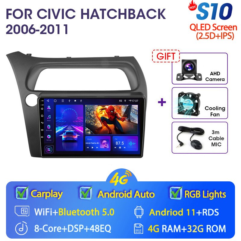 Eunavi 4G WIFI Carplay 2din Android 11.0 Car Radio For Honda Civic Hatchback 2006-2011 Multimidia Video Player Navigation GPS