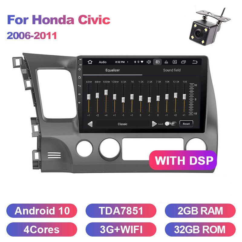Eunavi 4G+64G 2 DIN Car Radio Multimedia Player For Honda Civic 2006-2011 4G Tablet PC 10.1 inch Screen Navigator GPS Android 10
