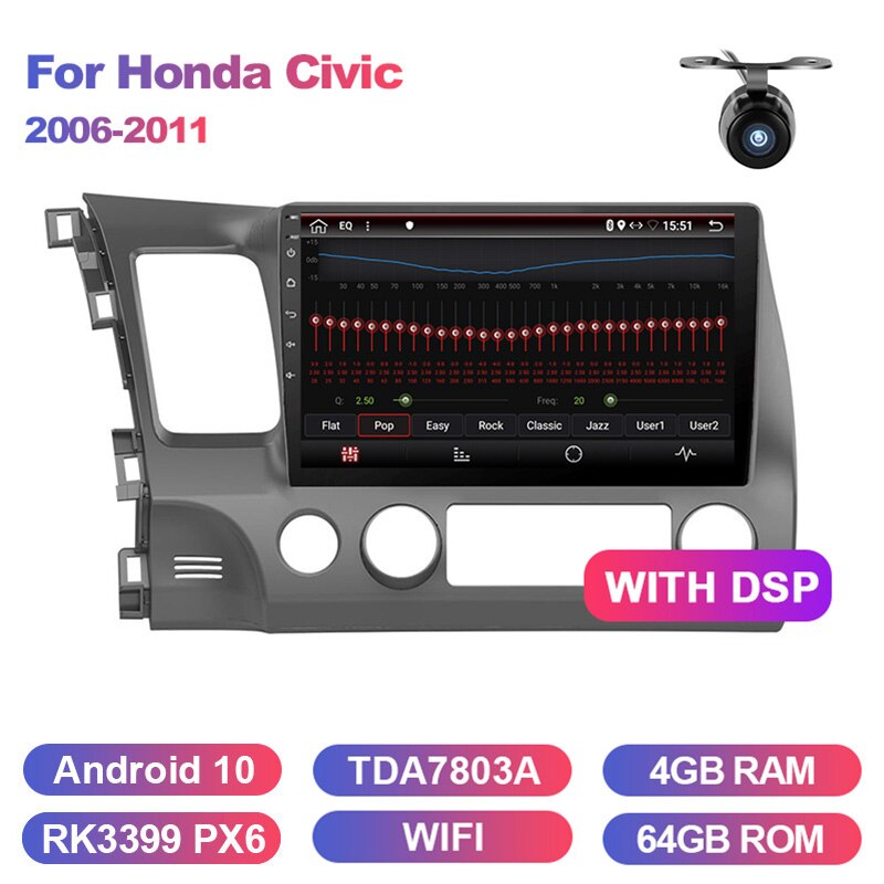 Eunavi 4G+64G 2 DIN Car Radio Multimedia Player For Honda Civic 2006-2011 4G Tablet PC 10.1 inch Screen Navigator GPS Android 10