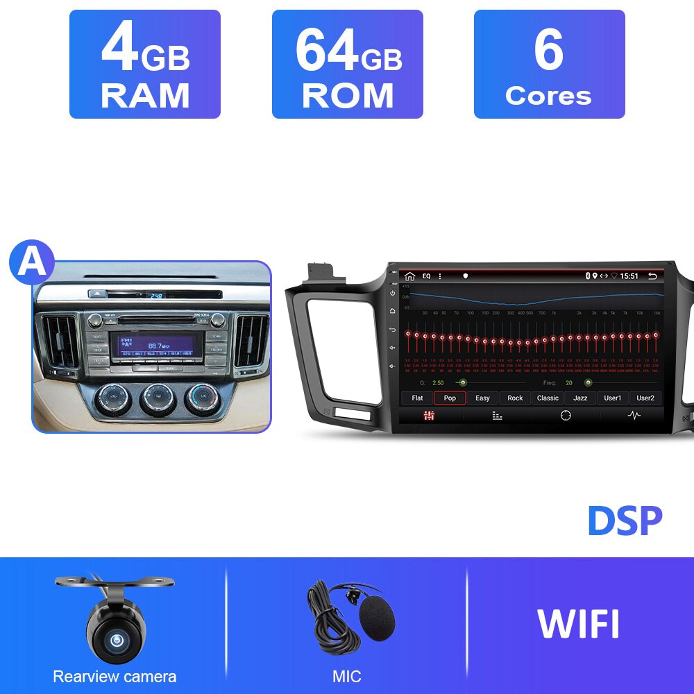 Eunavi 4G 64G Android 10 Car Radio For Toyota RAV4 2013 2014 2015 - 2018 Multimedia Player Video Audio Head unit Navigation GPS