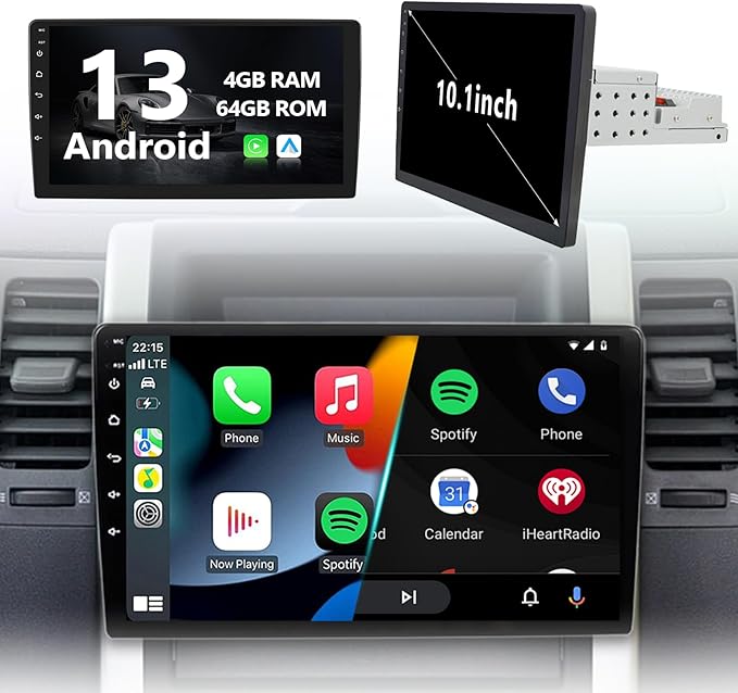 Eunavi 10.1" Android 13 Car Stereo - 8-Core 4G+64G, Wireless CarPlay & Android Auto, QLED Touchscreen