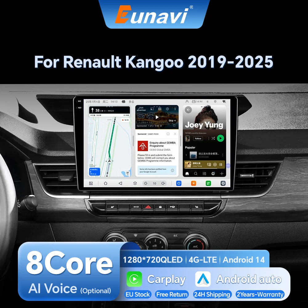 Eunavi 2Din Carplay 4G Android Car Radio Multimedia Video Player for Renault Kangoo 2019 2020 2021-2025 Connect AI GPS Stereo
