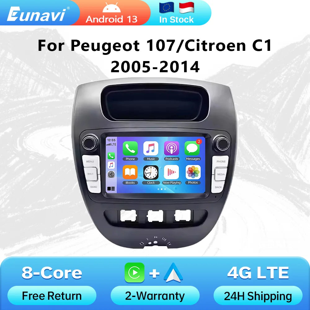 Eunavi 7" 2din Car Radio Android 13 for Peugeot 107 2005-2014 for Citroen C1 2005-2014 Multimedia Carplay Autoradio Stereo GPS