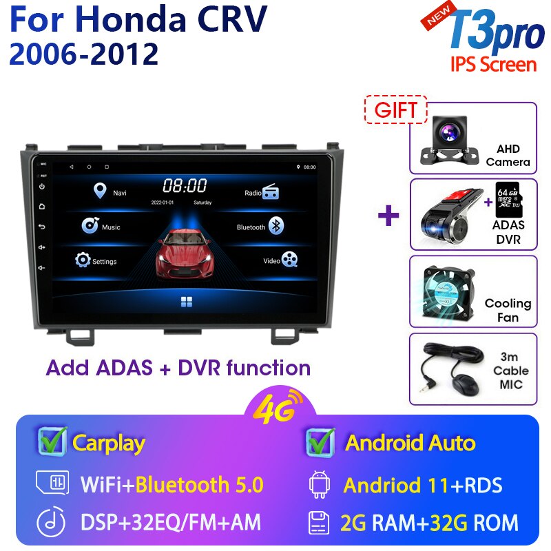Eunavi 9'' 4G WiFi 2din Android 11.0 Car Radio Multimedia Player Navigation GPS For Honda CRV CR-V 2006-2012 Carplay DVD