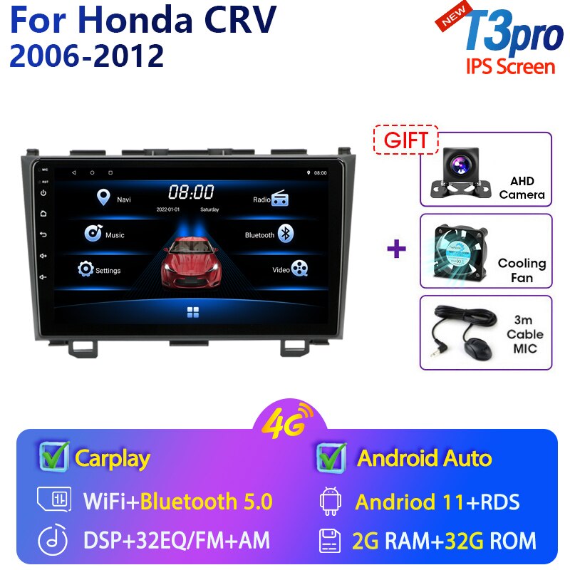 Eunavi 9'' 4G WiFi 2din Android 11.0 Car Radio Multimedia Player Navigation GPS For Honda CRV CR-V 2006-2012 Carplay DVD
