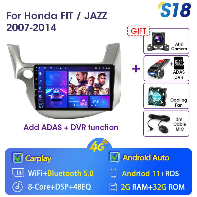 JMCQ 2 din Android 11.0 Car Radio For HONDA FIT JAZZ 2007-2013 Multimedia Video Player GPS Navigation RDS 4G Carplay Head unit