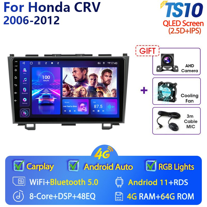 Eunavi 9'' 4G WiFi 2din Android 11.0 Car Radio Multimedia Player Navigation GPS For Honda CRV CR-V 2006-2012 Carplay DVD