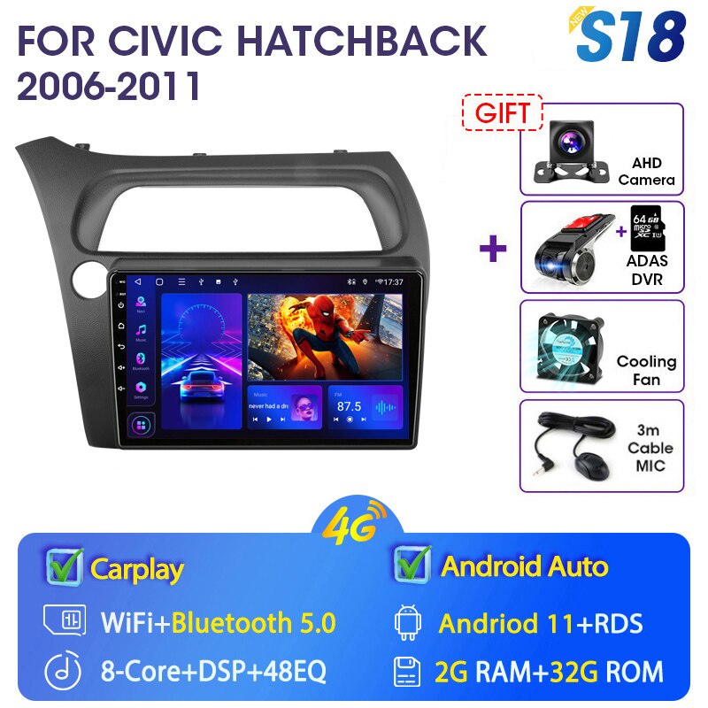 Eunavi 4G WIFI Carplay 2din Android 11.0 Car Radio For Honda Civic Hatchback 2006-2011 Multimidia Video Player Navigation GPS