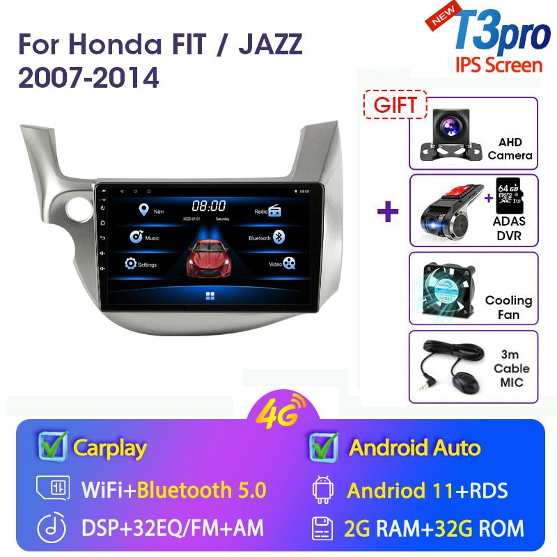 JMCQ 2 din Android 11.0 Car Radio For HONDA FIT JAZZ 2007-2013 Multimedia Video Player GPS Navigation RDS 4G Carplay Head unit