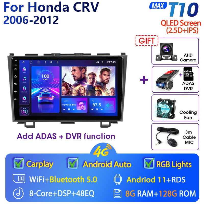 Eunavi 9'' 4G WiFi 2din Android 11.0 Car Radio Multimedia Player Navigation GPS For Honda CRV CR-V 2006-2012 Carplay DVD