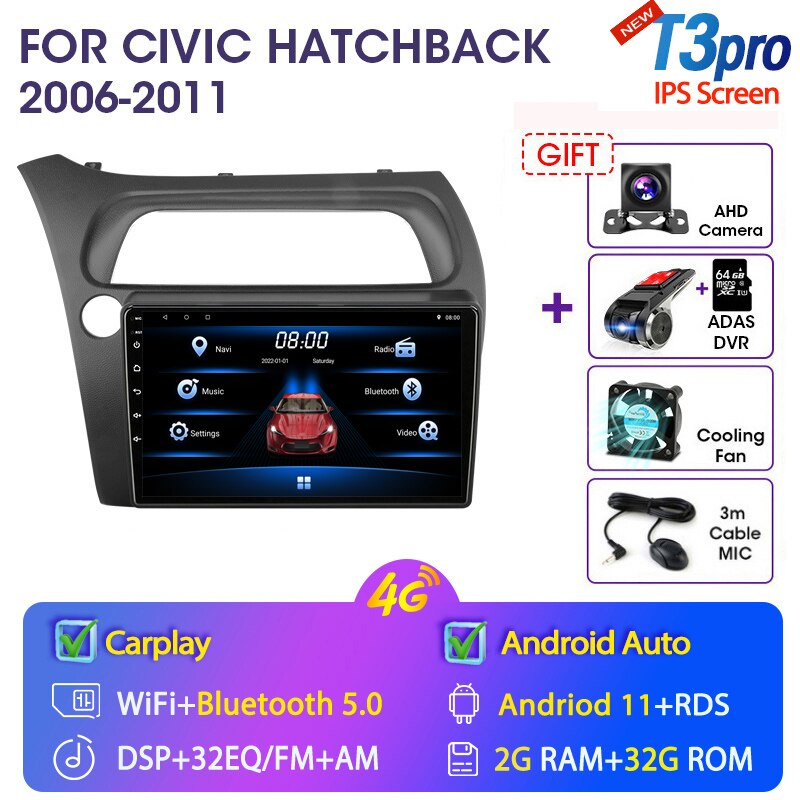 Eunavi 4G WIFI Carplay 2din Android 11.0 Car Radio For Honda Civic Hatchback 2006-2011 Multimidia Video Player Navigation GPS