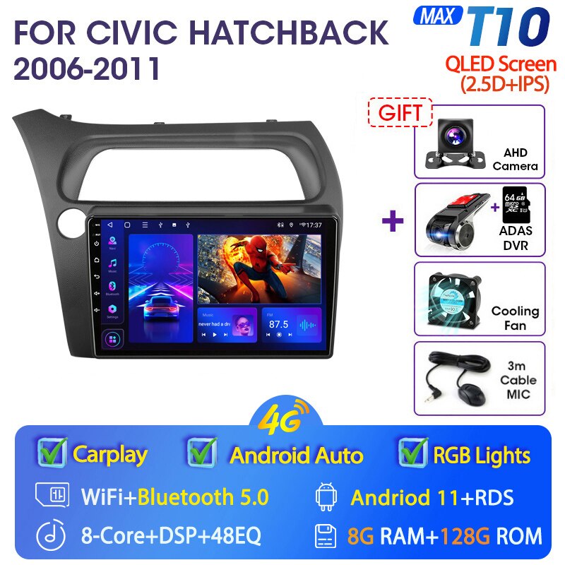 Eunavi 4G WIFI Carplay 2din Android 11.0 Car Radio For Honda Civic Hatchback 2006-2011 Multimidia Video Player Navigation GPS