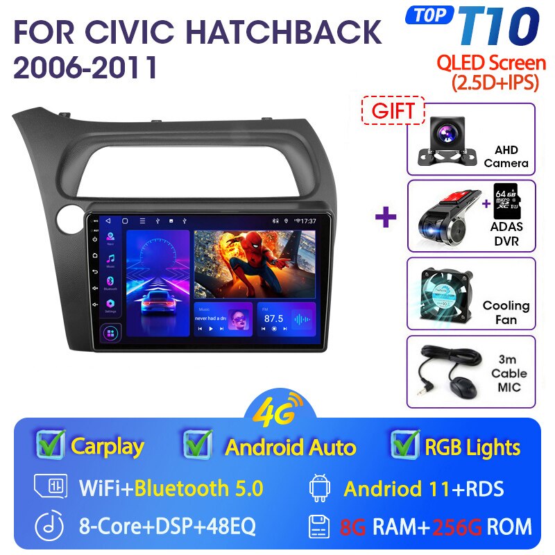 Eunavi 4G WIFI Carplay 2din Android 11.0 Car Radio For Honda Civic Hatchback 2006-2011 Multimidia Video Player Navigation GPS