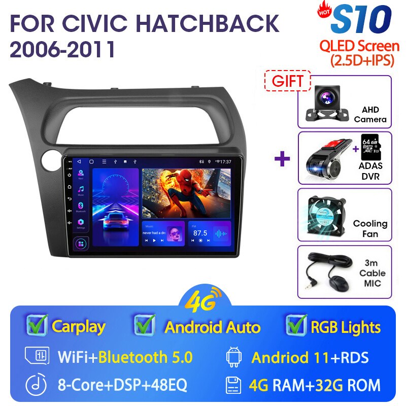 Eunavi 4G WIFI Carplay 2din Android 11.0 Car Radio For Honda Civic Hatchback 2006-2011 Multimidia Video Player Navigation GPS