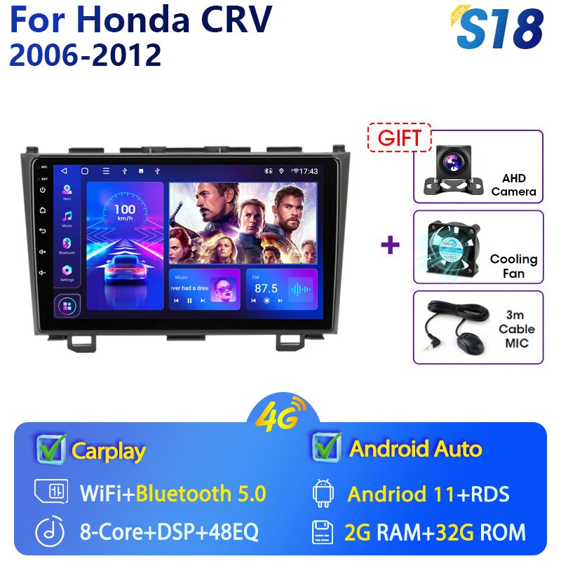 Eunavi 9'' 4G WiFi 2din Android 11.0 Car Radio Multimedia Player Navigation GPS For Honda CRV CR-V 2006-2012 Carplay DVD