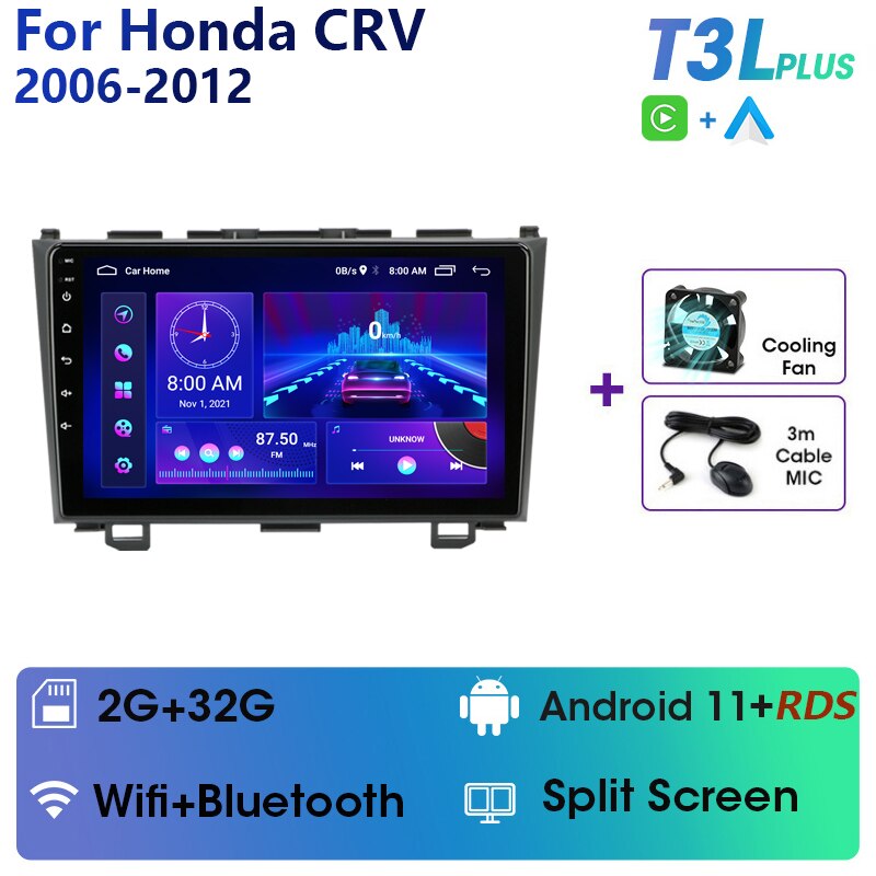 Eunavi 9'' 4G WiFi 2din Android 11.0 Car Radio Multimedia Player Navigation GPS For Honda CRV CR-V 2006-2012 Carplay DVD