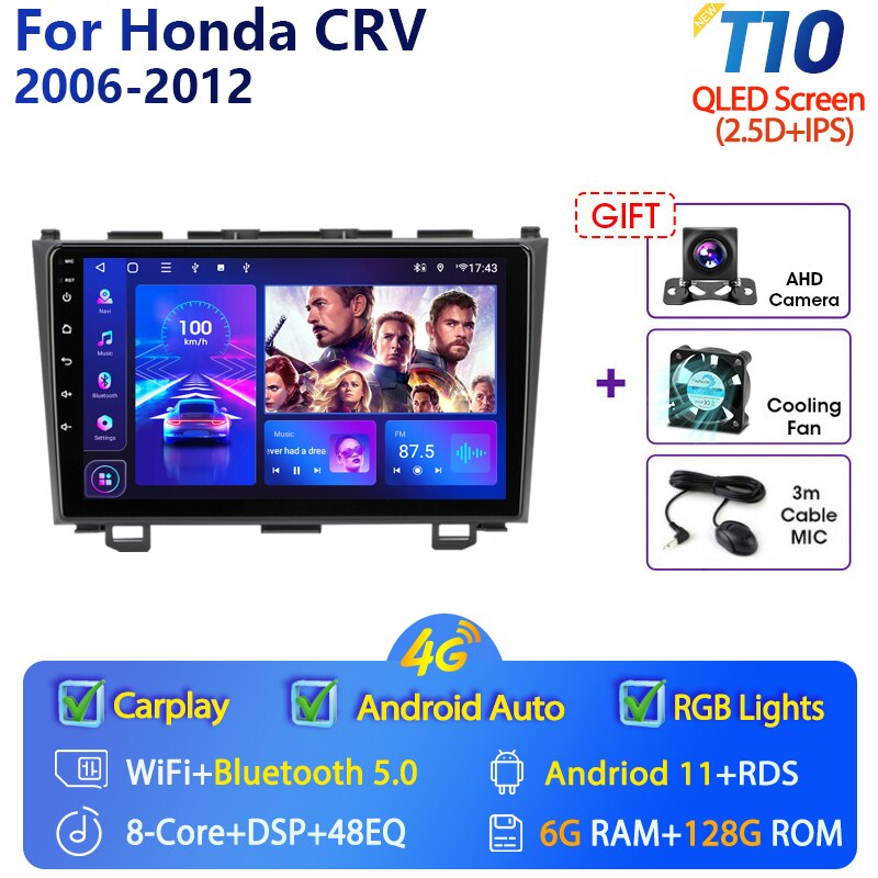 Eunavi 9'' 4G WiFi 2din Android 11.0 Car Radio Multimedia Player Navigation GPS For Honda CRV CR-V 2006-2012 Carplay DVD