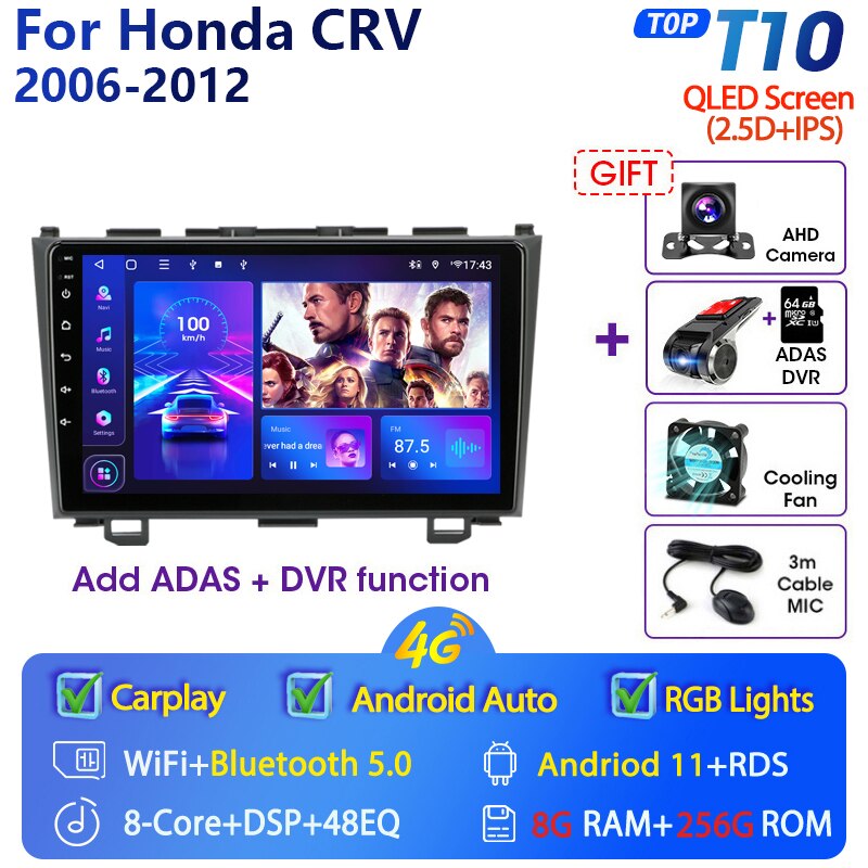 Eunavi 9'' 4G WiFi 2din Android 11.0 Car Radio Multimedia Player Navigation GPS For Honda CRV CR-V 2006-2012 Carplay DVD