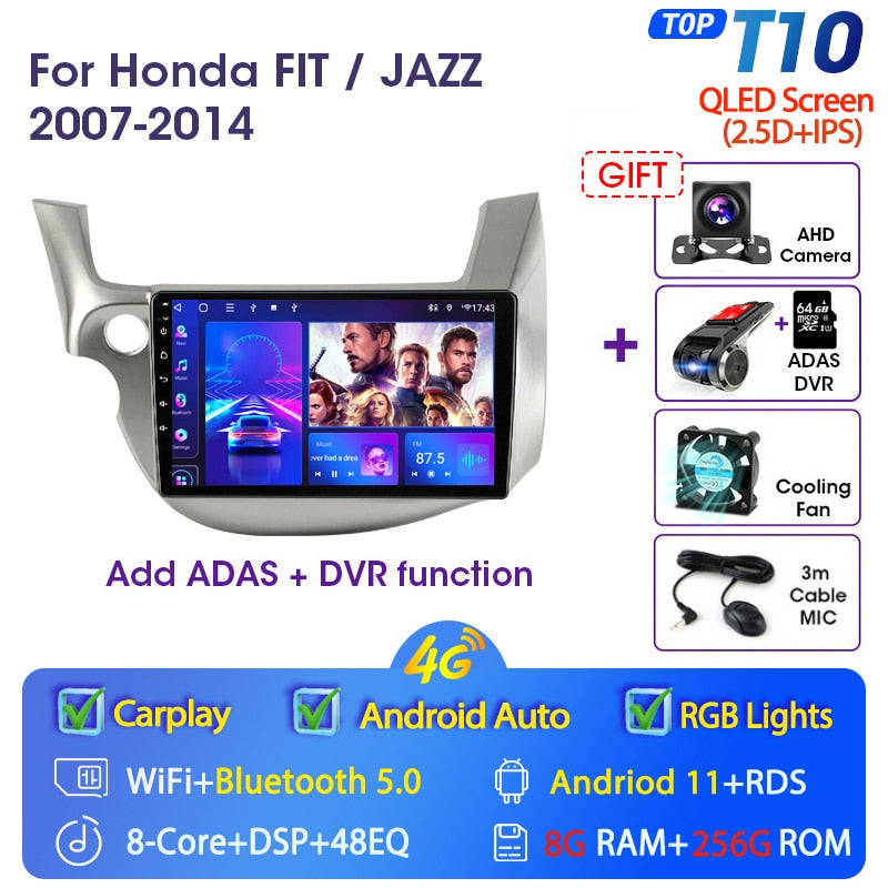 JMCQ 2 din Android 11.0 Car Radio For HONDA FIT JAZZ 2007-2013 Multimedia Video Player GPS Navigation RDS 4G Carplay Head unit