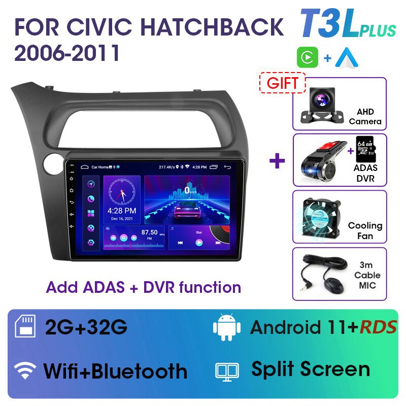 Eunavi 4G WIFI Carplay 2din Android 11.0 Car Radio For Honda Civic Hatchback 2006-2011 Multimidia Video Player Navigation GPS