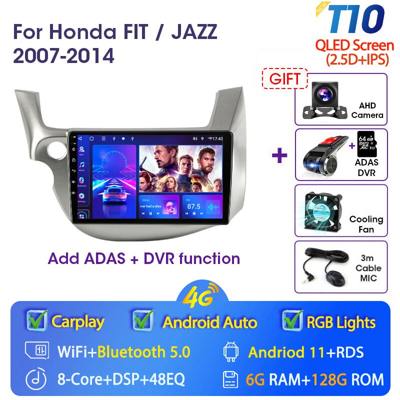 JMCQ 2 din Android 11.0 Car Radio For HONDA FIT JAZZ 2007-2013 Multimedia Video Player GPS Navigation RDS 4G Carplay Head unit