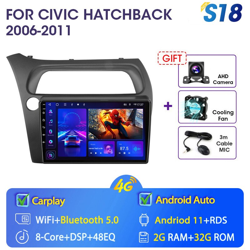 Eunavi 4G WIFI Carplay 2din Android 11.0 Car Radio For Honda Civic Hatchback 2006-2011 Multimidia Video Player Navigation GPS