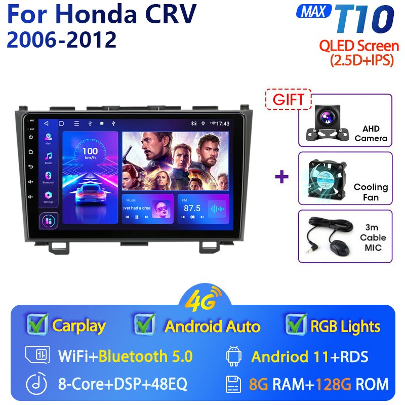 Eunavi 9'' 4G WiFi 2din Android 11.0 Car Radio Multimedia Player Navigation GPS For Honda CRV CR-V 2006-2012 Carplay DVD