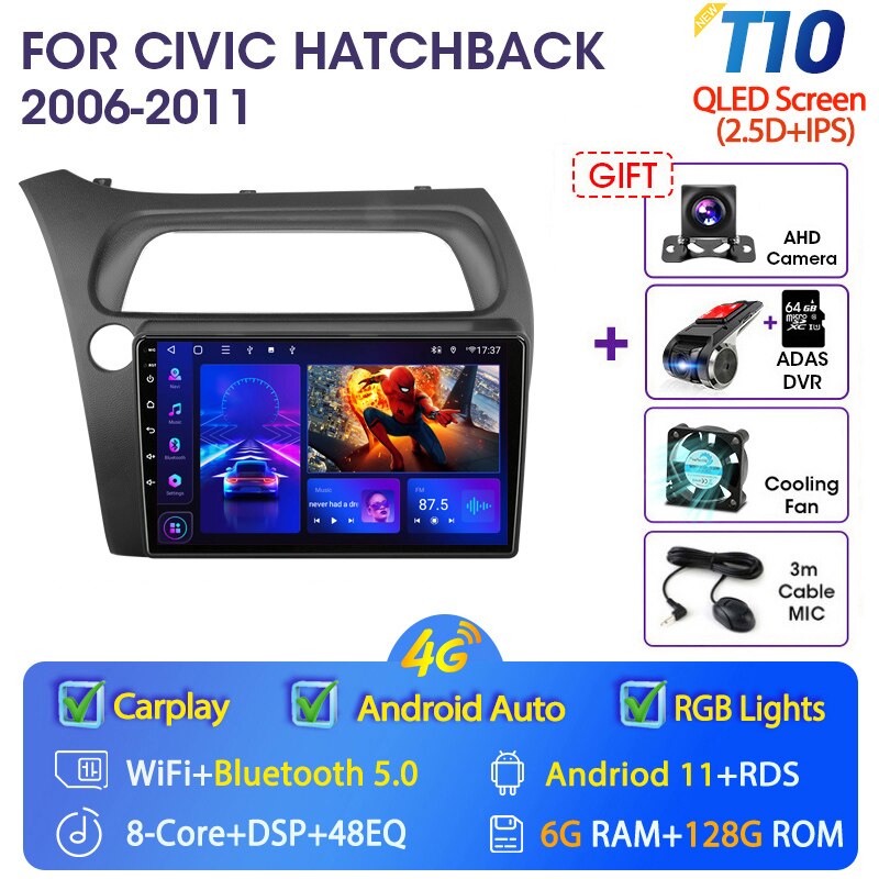 Eunavi 4G WIFI Carplay 2din Android 11.0 Car Radio For Honda Civic Hatchback 2006-2011 Multimidia Video Player Navigation GPS