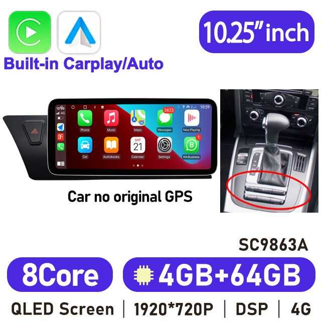 8.8" 8 Core Android 10 System Car Radio Stereo For Audi Q5 2009-2016 WIFI 4G 4+64GB Carplay BT Touch Screen GPS Navi Receiver