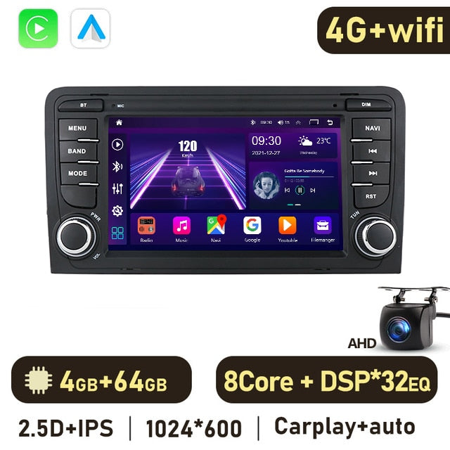 Eunavi Android 10 4G 64G 2 DIN CAR DVD GPS For Audi A3 8P 2003-2012 S3 2006-2012 RS3 Sportback 2011 multimedia player 8 Cores