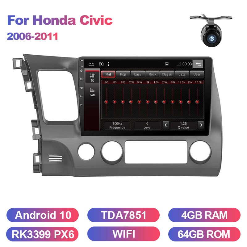 Eunavi 4G + 64G 2 DIN Autoradio Multimedia Player Für Honda Civic 2006-2011 4G Tablet PC 10,1 Zoll Bildschirm Navigator GPS Android 10