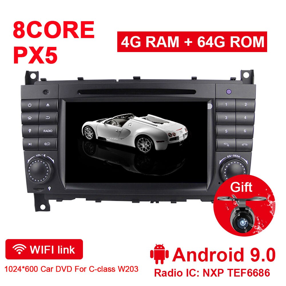 Eunavi 8 Cores 2 Din Android 9 Autoradio DVD GPS für Mercedes / Benz W203 W209 W219 W169 A160 C180 C200 C230 C240 CLK200 CLK22 DSP