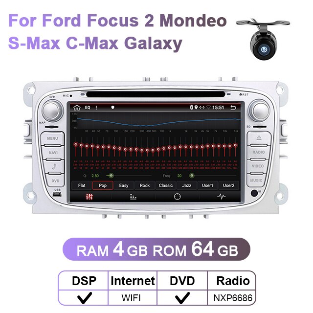 Eunavi 2 Din Android Auto DVD Multimedia Player GPS für FORD Focus 2 II Mondeo S-MAX C-MAX Galaxy 2Din 4G 64GB Touchscreen