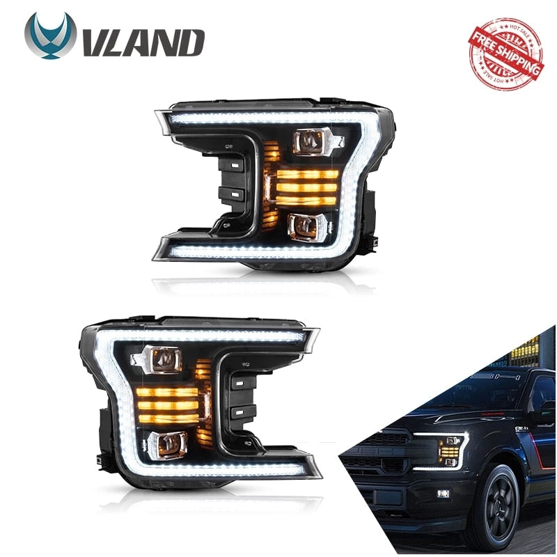 VLAND Headlamp Car Headlights Assembly for Ford F-150 2018 2019 Head light with moving turn signal Dual Beam Lens Plug-and-play