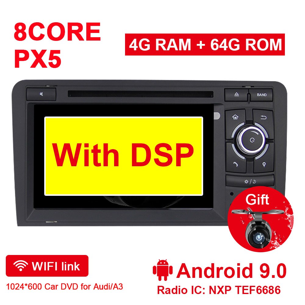 Eunavi 2 din Android 9 samochodowe multimedia odtwarzacz dvd Autoradio Stereo dla Audi A3 S3 radio samochodowe stereo 4G 64GB 1024*600 jednostka główna DSP