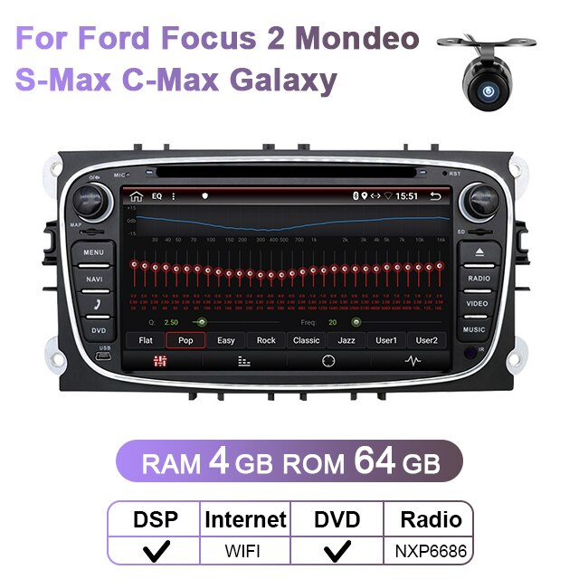 Eunavi 2 Din Android Car DVD Multimedia Player GPS for FORD Focus 2 II Mondeo S-MAX C-MAX Galaxy 2Din 4G 64GB Touch screen