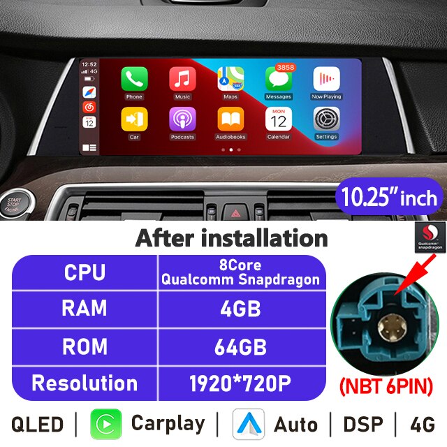 Eunavi 10.25'' Android 10 Car Radio Stereo For BMW 5 Series GT F07 2010-2017 CIC NBT System Multimedia Player CarPlay GPS No DVD