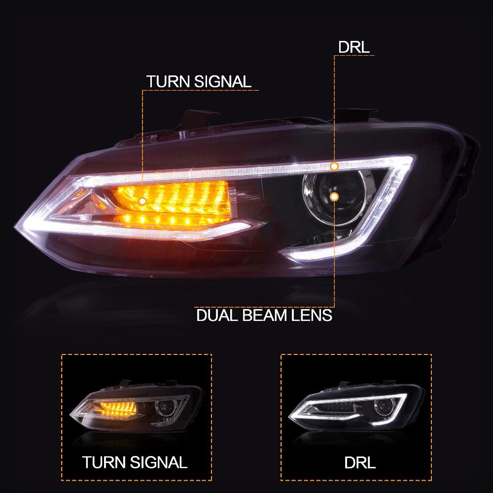 VLAND Headlamp Car Headlight Assembly For Volkswagen Polo 2011-2017 Head Light With Moving Turn Signal Dual Beam Lens