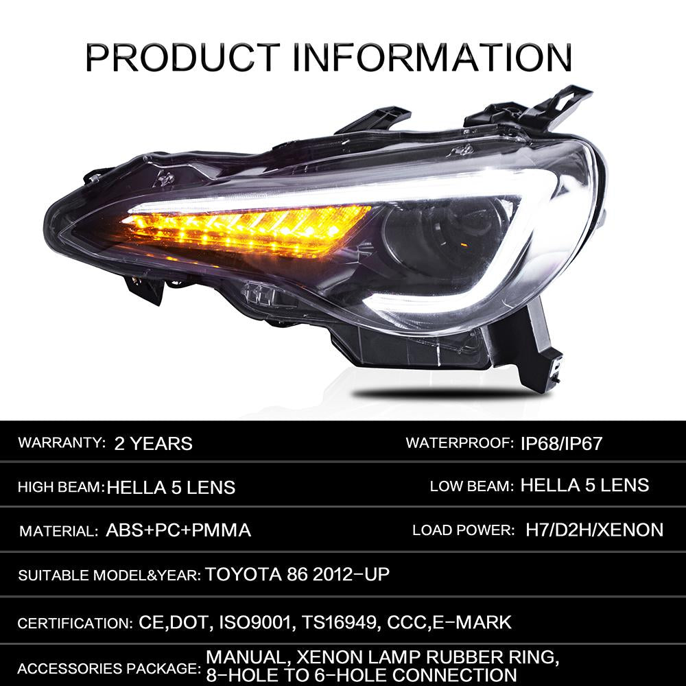 VLAND Headlamp Car Headlights Assembly for 2012-2016 Scion FR-S 2017-2019 Toyota 86 Head light moving turn signal Dual Beam Lens