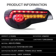 Załaduj zdjęcie do przeglądarki galerii, VLAND Tail Lights Assembly For Toyota 86 2012-UP Tail Lamp For Subaru BRZ/Scion FRS 2012-2019 With Moving Turn Signal Light