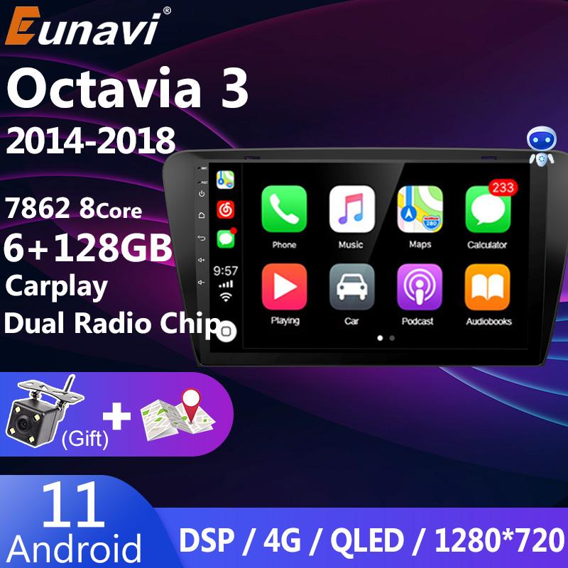 Eunavi 4G 1280*720 2Din Android 11 Car Radio GPS For Skoda Octavia A7 III 3 2014 - 2018 Multimedia Player 2 DIN DVD Head unit