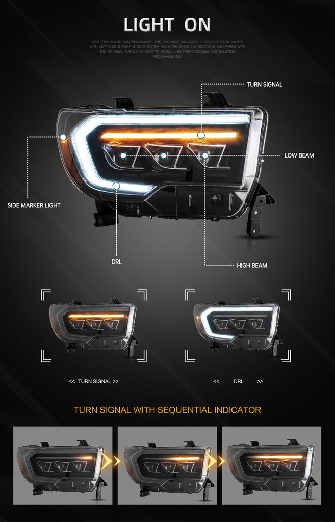 Montaż lampy samochodowej VLAND dla Toyota Tundra 2007-2013/dla Toyota Sequoia 2008-2018 w pełni LED reflektor z animacją rozruchu DRL