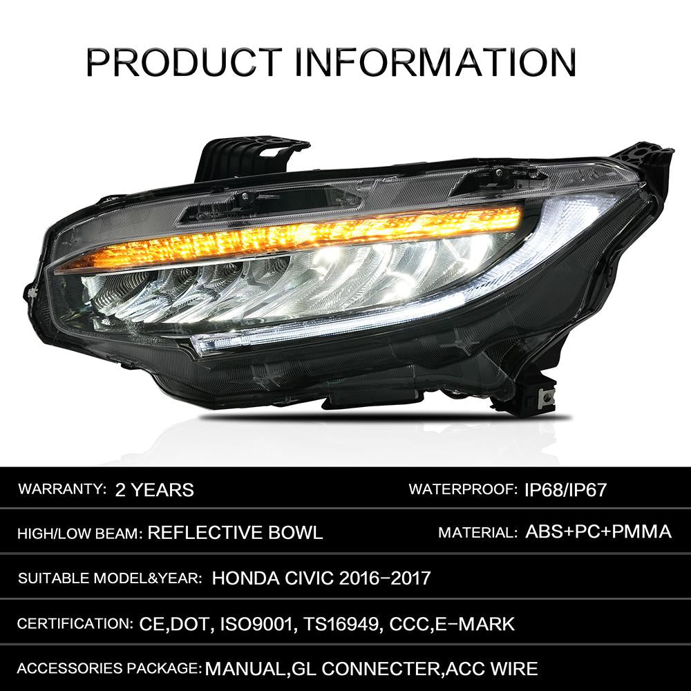 VLAND Headlamp Car Headlights Assembly for Honda Civic 2016-2019 Headlight LED DRL with moving turn signal Dual Beam Lens