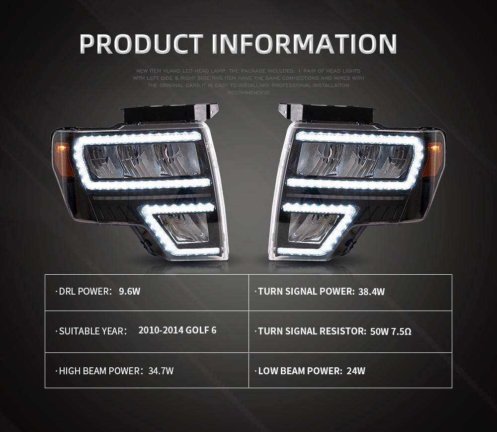 Vland Headlights Assembly For Ford F-150 2009-2014 With Full LED Start up Animation DRL Raptor Front Lamps