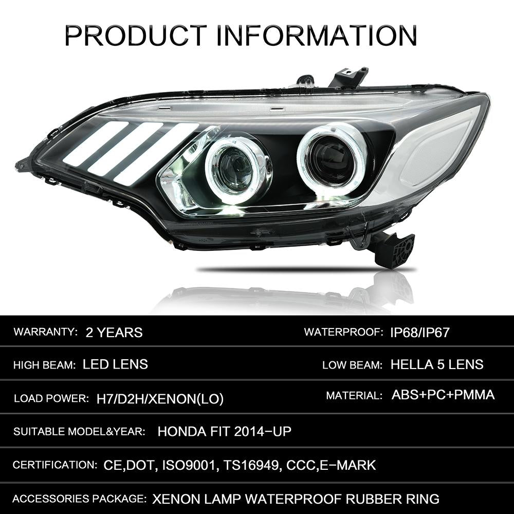 VLAND Headlamp Car Headlights Assembly For Honda Fit/Jazz 2014-2019 Headlight LED DRL With Moving Turn Signal Dual Beam Lens