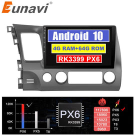Eunavi 4G+64G 2 DIN Car Radio Multimedia Player For Honda Civic 2006-2011 4G Tablet PC 10.1 inch Screen Navigator GPS Android 10