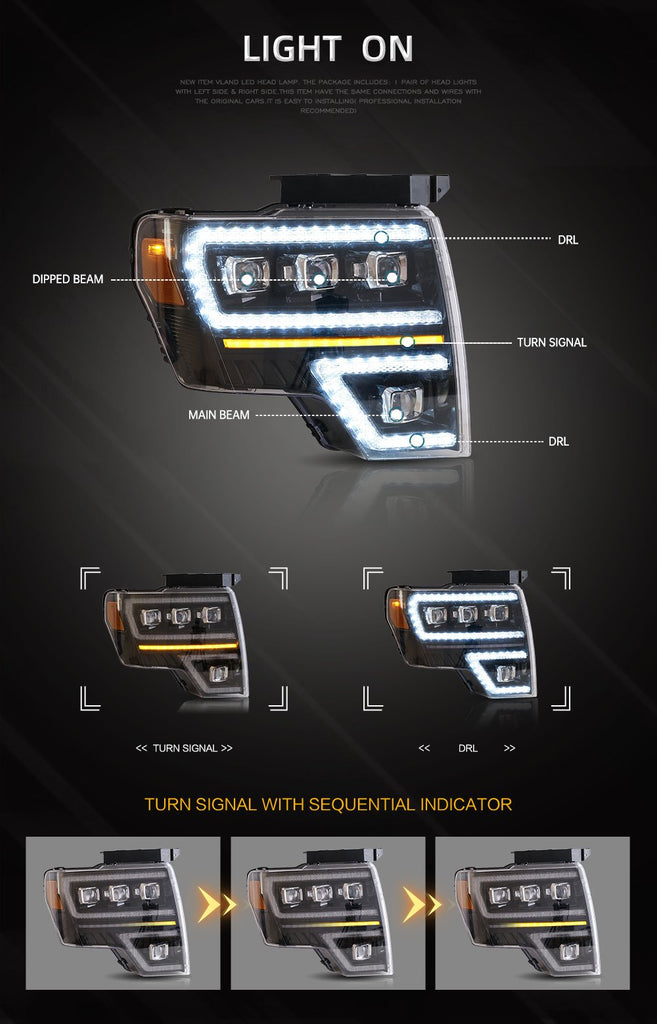 Zespół lampy samochodowej Vland dla Ford F-150 2009-2014 reflektory z animacją uruchamiania DRL Raptor lampa przednia pełna projektor led