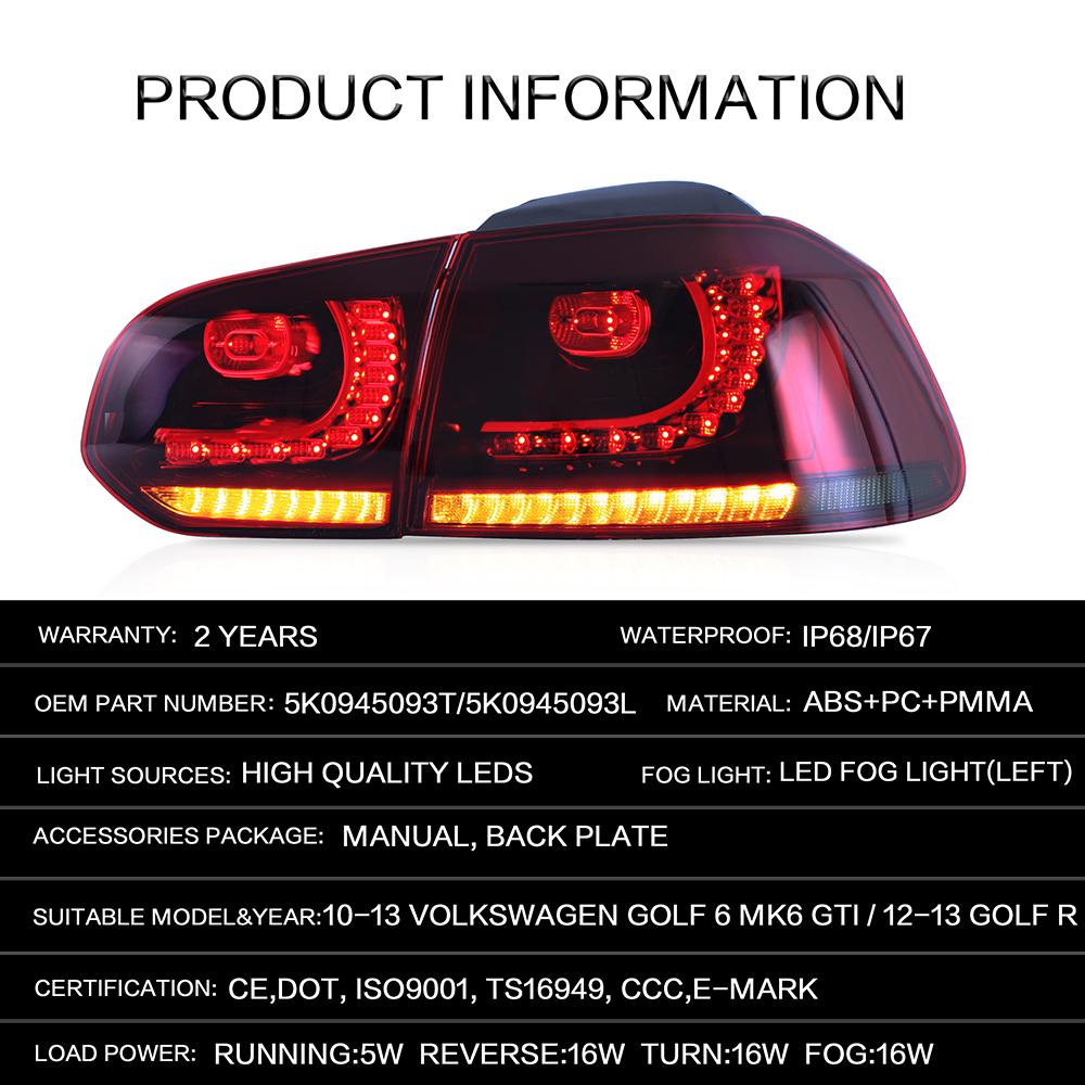 VLAND Car Accessories LED Tail Lights Assembly For 2008-2013 Volkswagen GOLF 6 MK6 GTI 2012-2013 Golf R Tail Lamp Full LED DRL