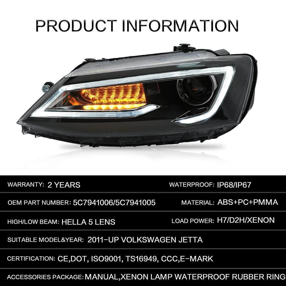 VLAND Headlamp Car Assembly fit for Volkswagen JETTA 2011-2019 Headlight Full LED Headlamp with DRL Sequential Turn Signal