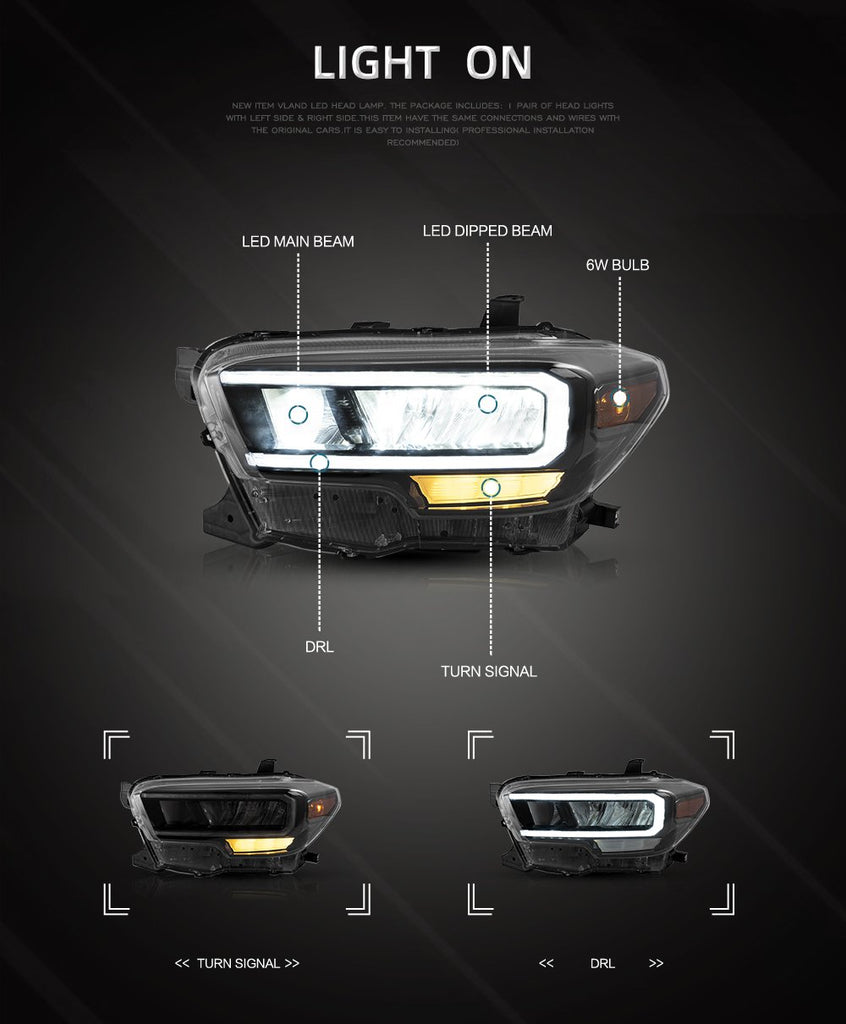 Vland Headlamp Assembly For Toyota Tacoma 2015 2016 2017 2018 2019 2020 Headlights Full LED Frontlight Day Running Lights